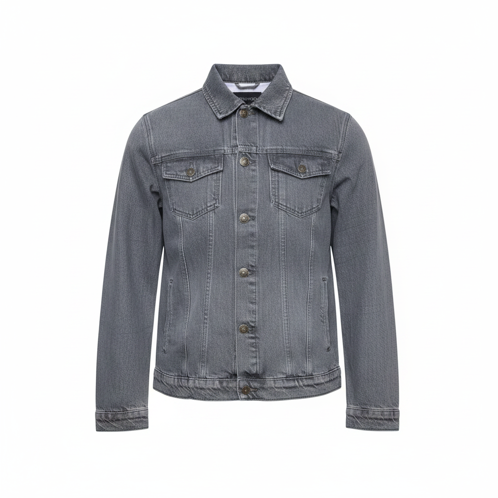 Men's grey washed denim trucker jacket ghost mannequin front view
