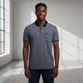 Young Nigerian male model wearing navy micro-texture jacquard polo shirt, front view