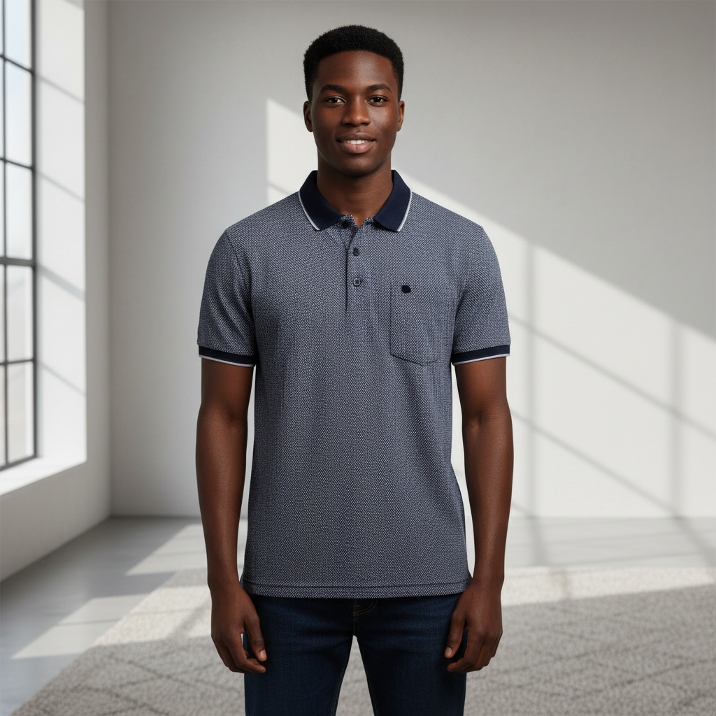 Young Nigerian male model wearing navy micro-texture jacquard polo shirt, front view