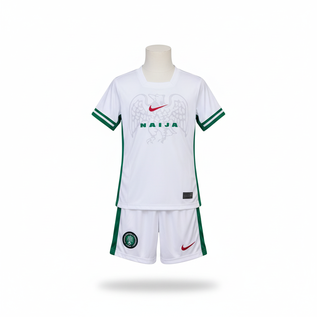 White and green Naija kids football jersey and shorts set shown in a ghost mannequin catalog view