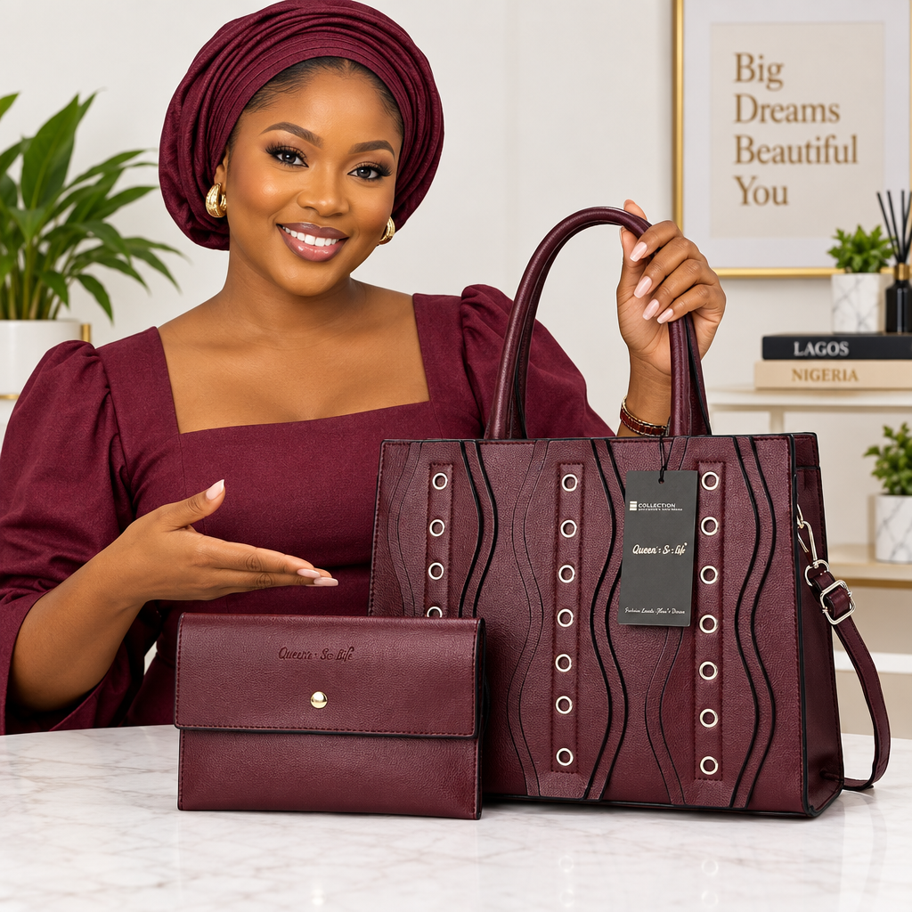Black Nigerian woman presenting burgundy bag and matching pouch