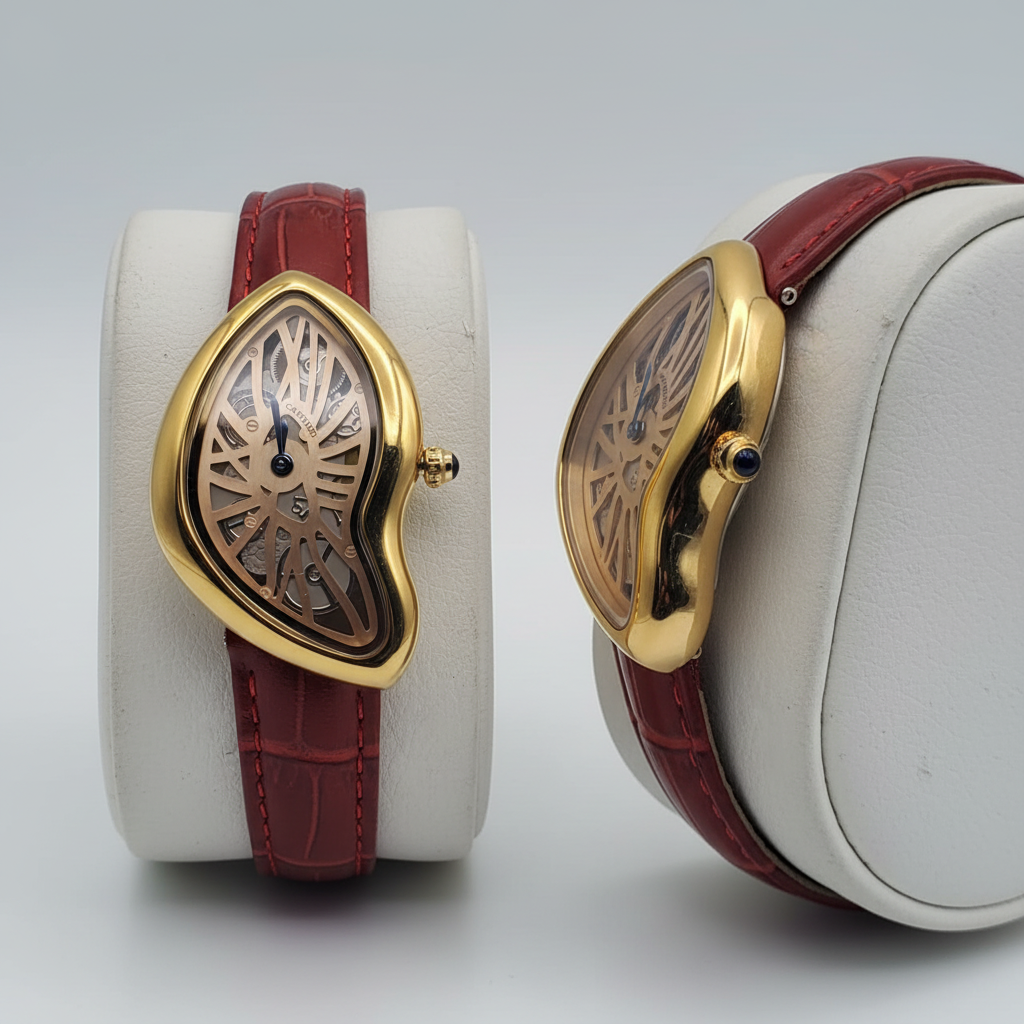 Asymmetric yellow gold skeleton dial watch with red strap front and side view