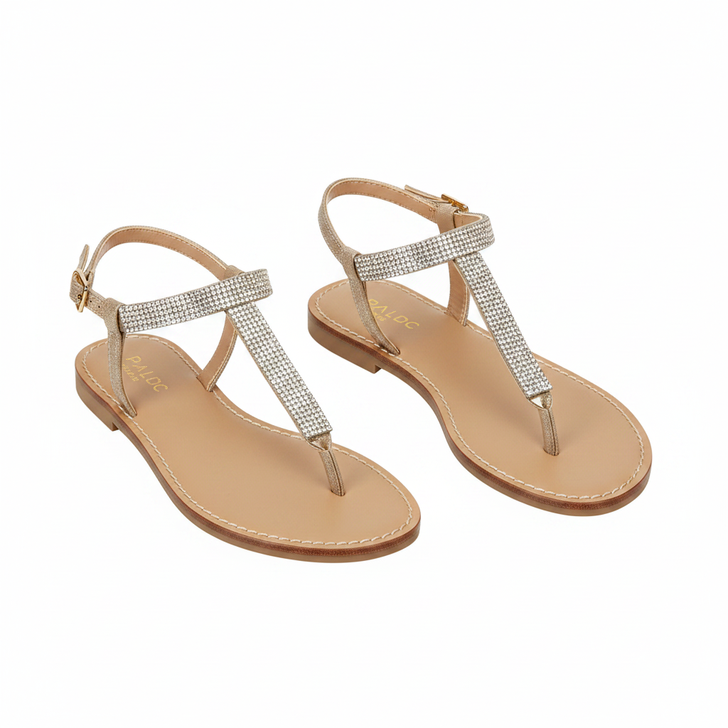 Women's Rhinestone T-Strap Flat Thong Sandal - Beige Gold Ghost Mannequin