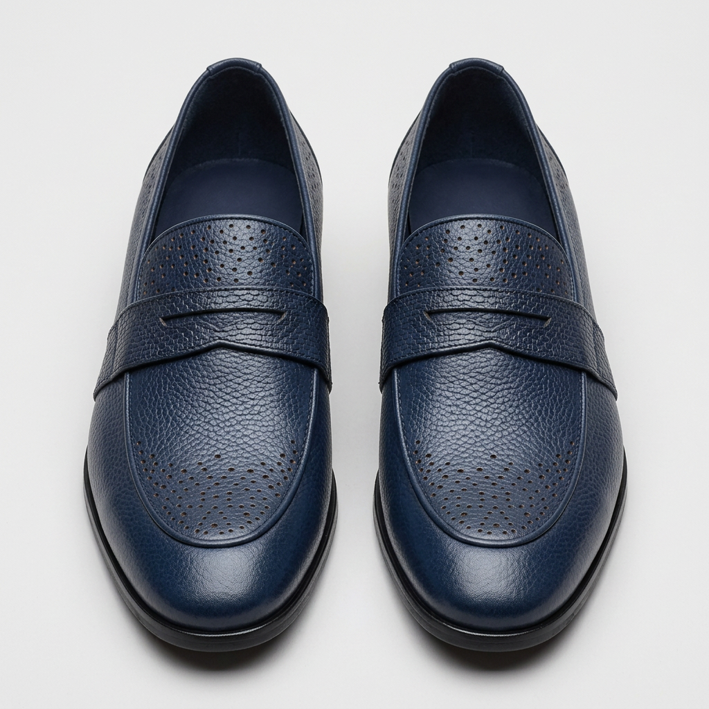Men's navy leather loafers with perforated detailing and woven-texture strap, front view