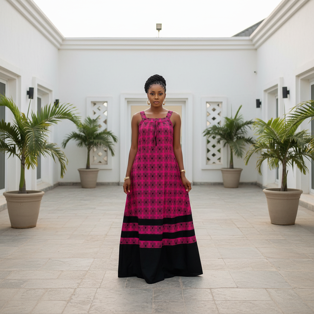 Fuchsia Black Geometric Print Maxi Dress - Front Model View