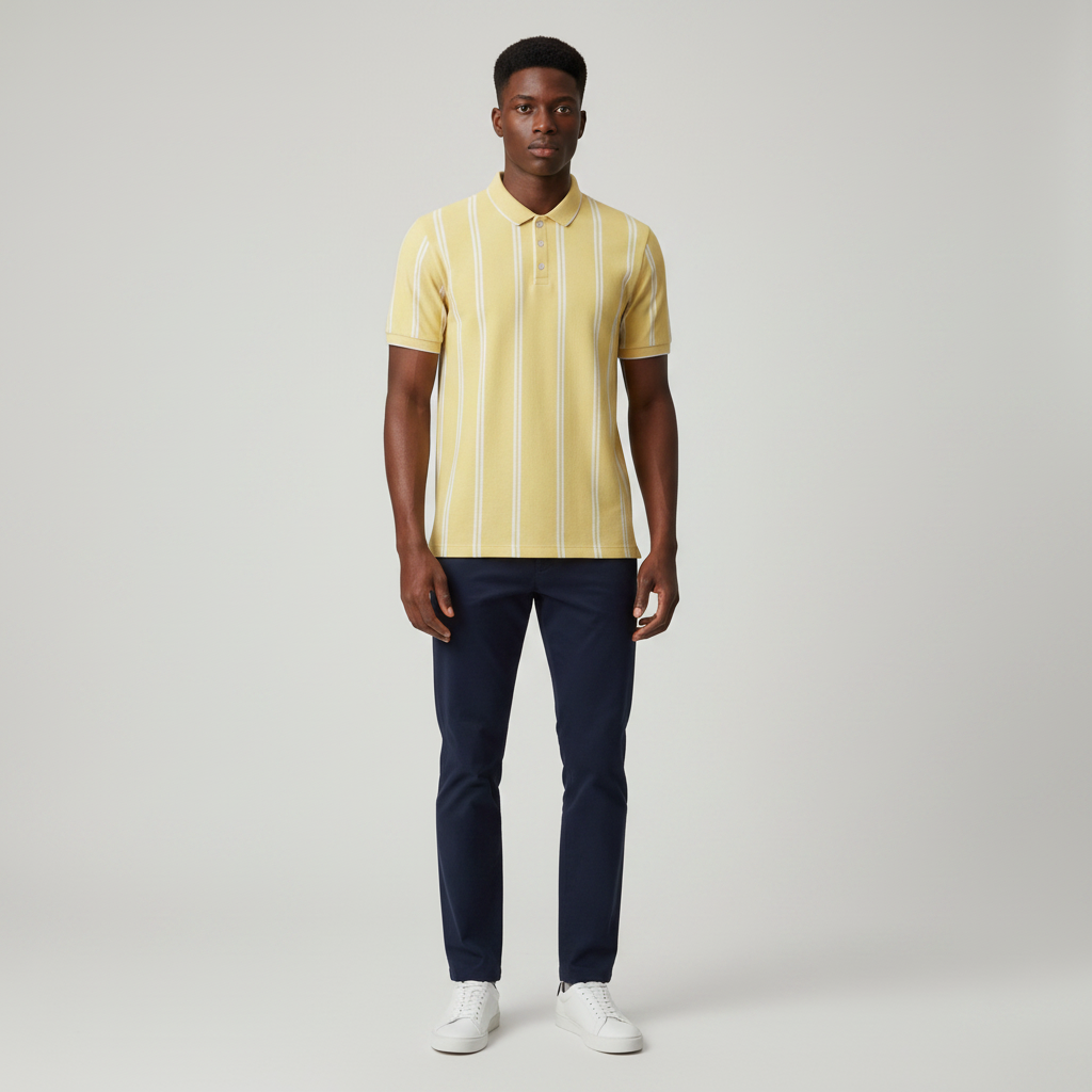 Nigerian model wearing yellow vertical stripe polo shirt