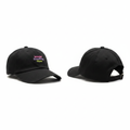 Black dad cap with multicolour Wanted Something More embroidery ghost mannequin front and rear-side view