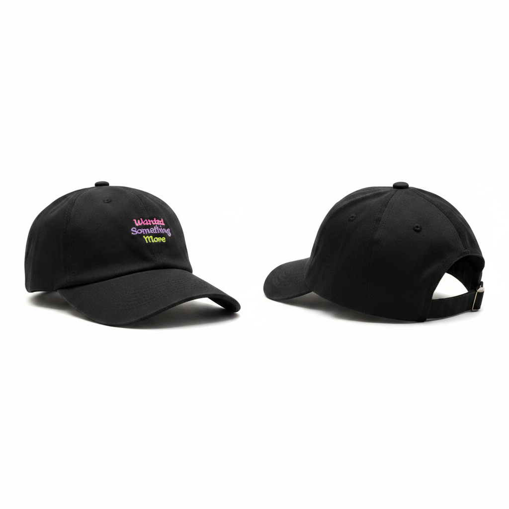 Black dad cap with multicolour Wanted Something More embroidery ghost mannequin front and rear-side view