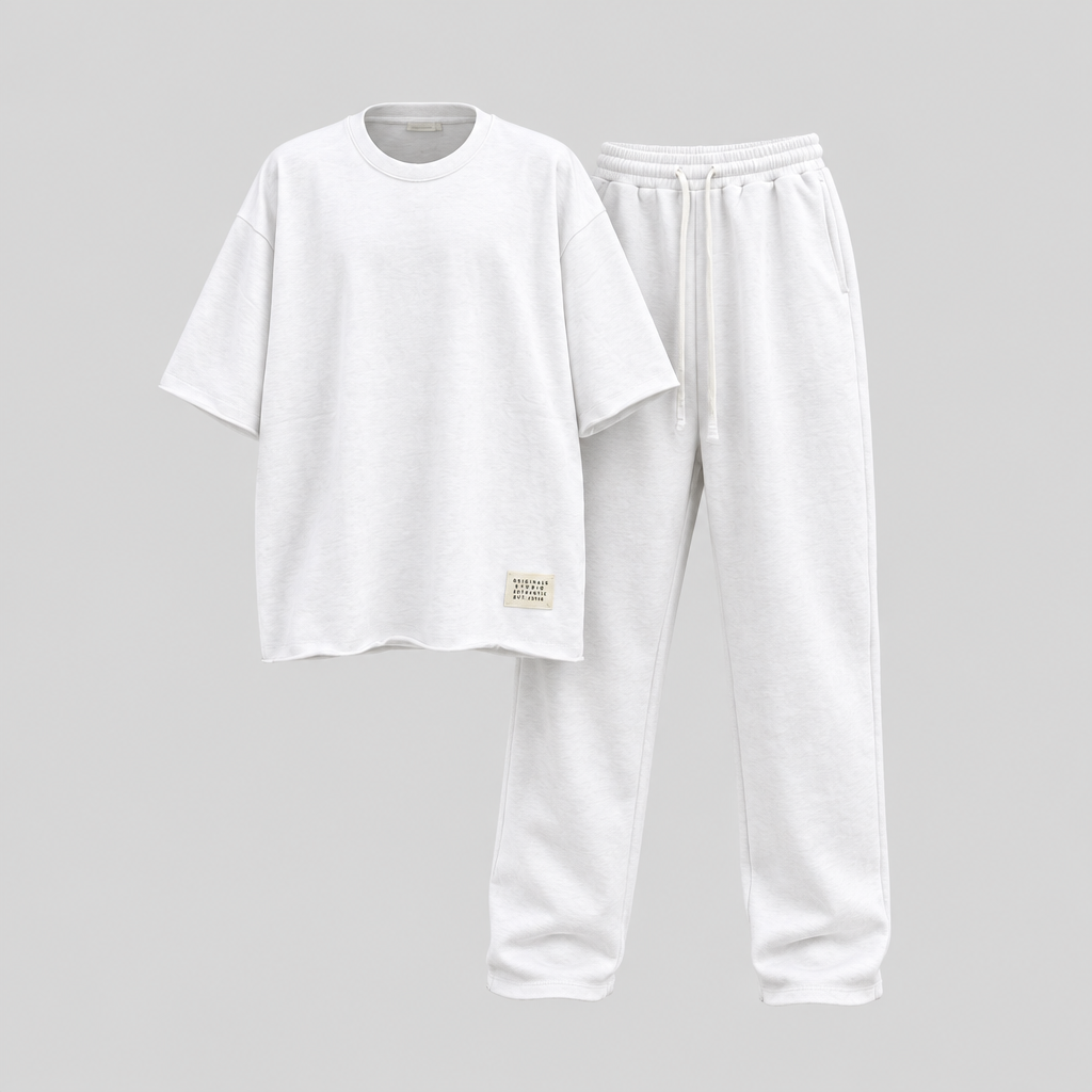 White oversized t-shirt and jogger tracksuit set, ghost mannequin front view