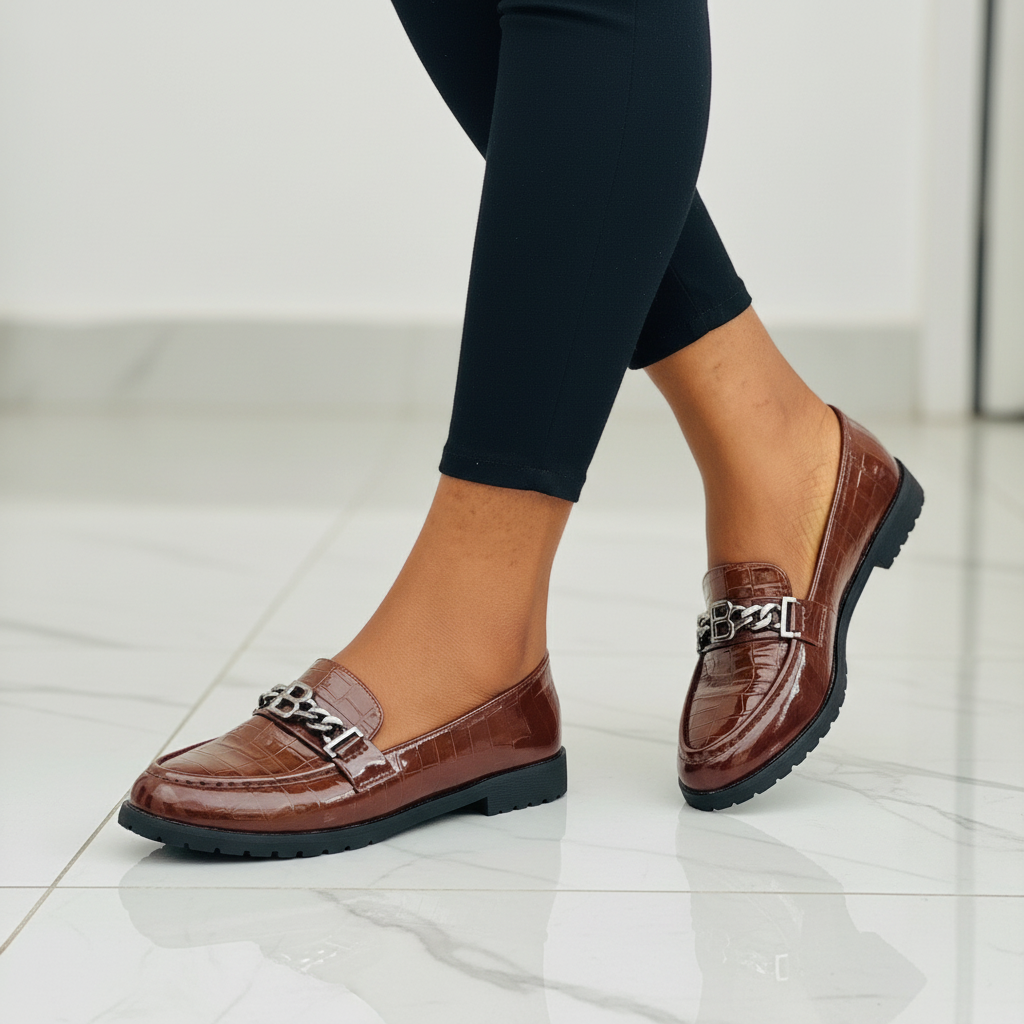 Layinka Store Brown Croc Patent Letter-Chain Loafers – Model Shot