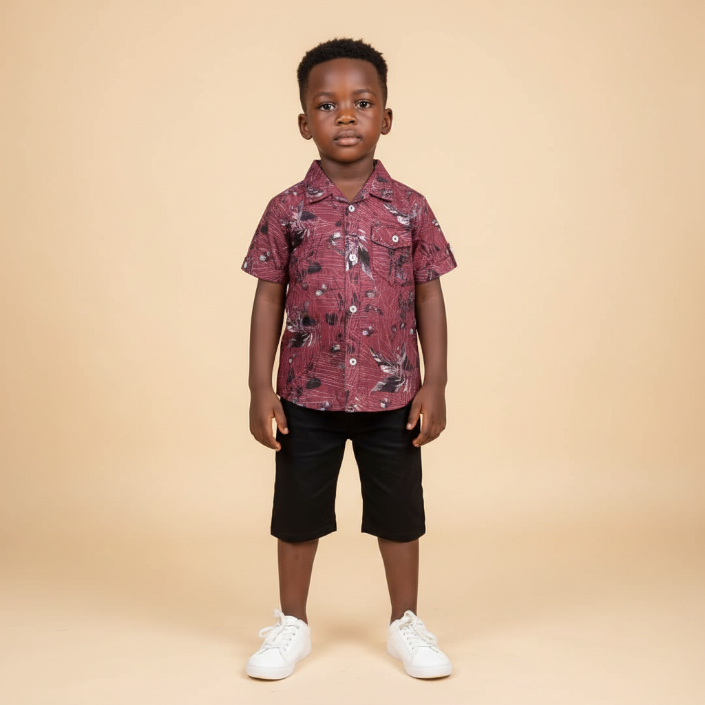 Smart-Kids Burgundy Abstract Tropical Print Short-Sleeve Shirt - Model Shot