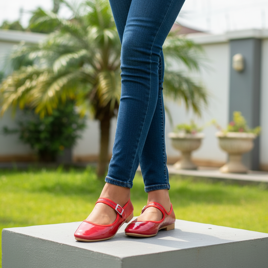 Leg focus shot of Nigerian female model wearing red patent leather Mary Jane flats with ankle strap