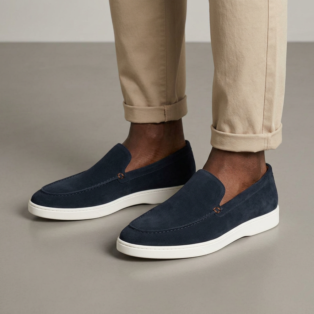 Model wearing navy slip-on loafers with white soles and beige chinos