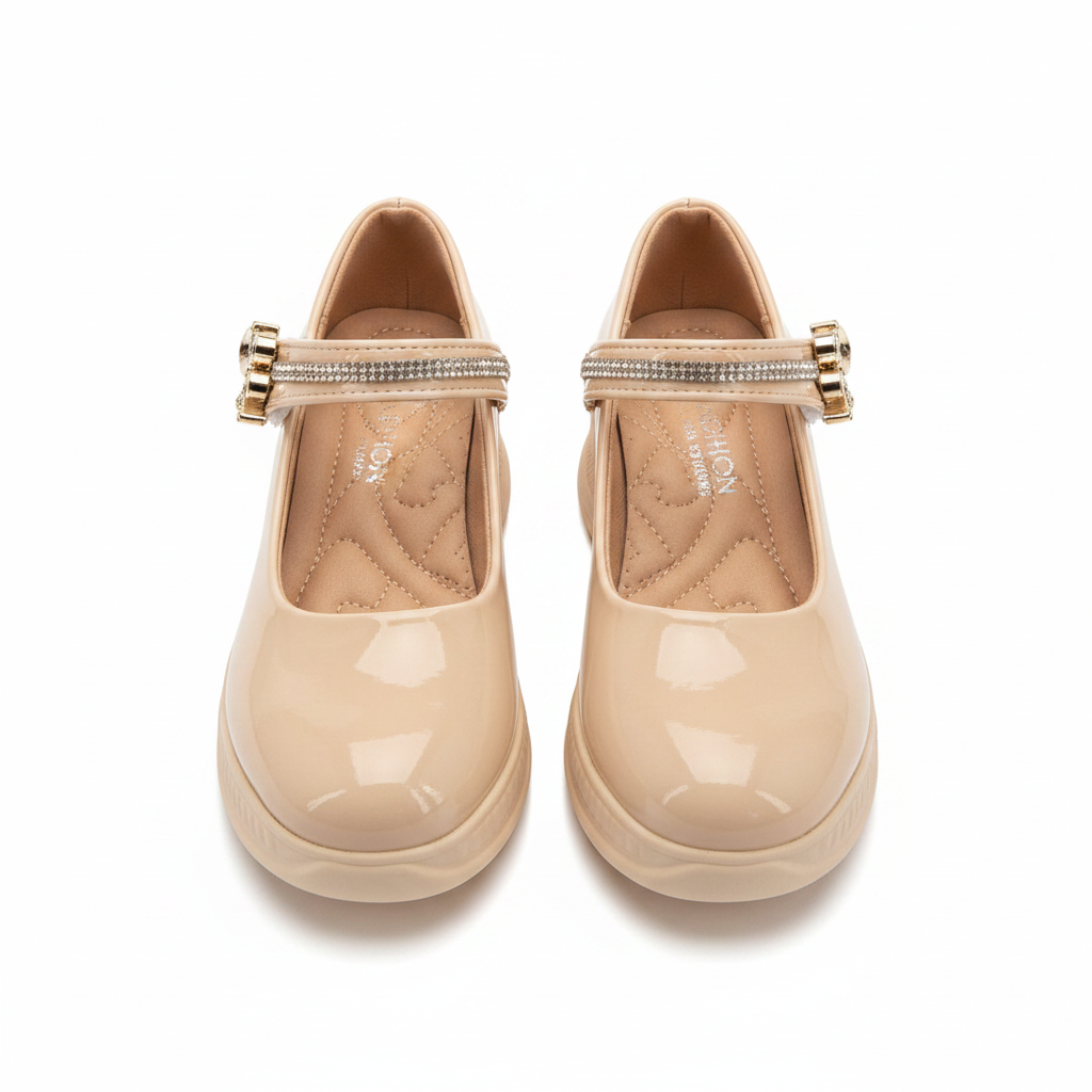 A5635 Girls Rhinestone Flower Mary Jane – Beige Ghost Mannequin