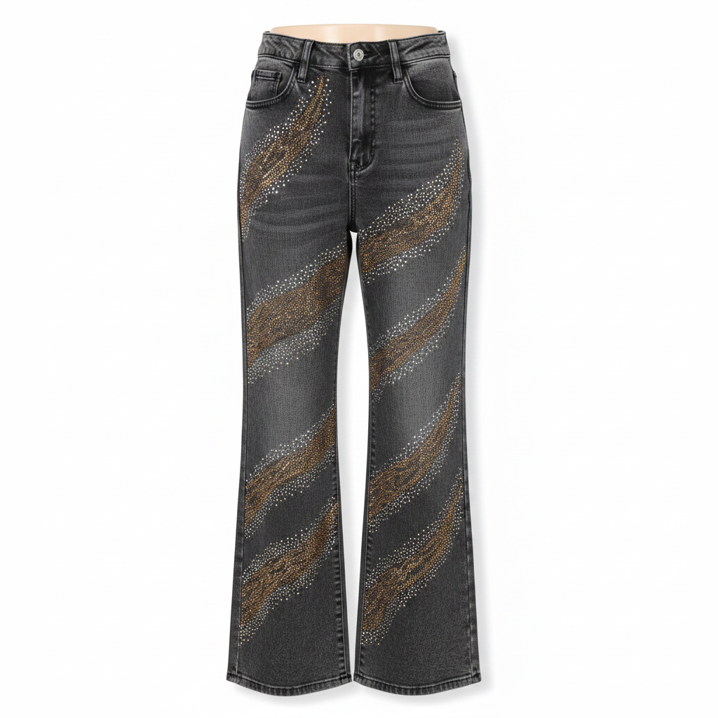 Dark Grey Rhinestone Wave Wide-Leg Jeans - Ghost Mannequin Front