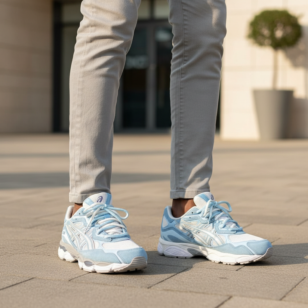 Nigerian male model wearing ASICS Gel-NYC baby blue white suede sneakers, tight zoomed-in retro-luxury streetwear leg focus lifestyle shot