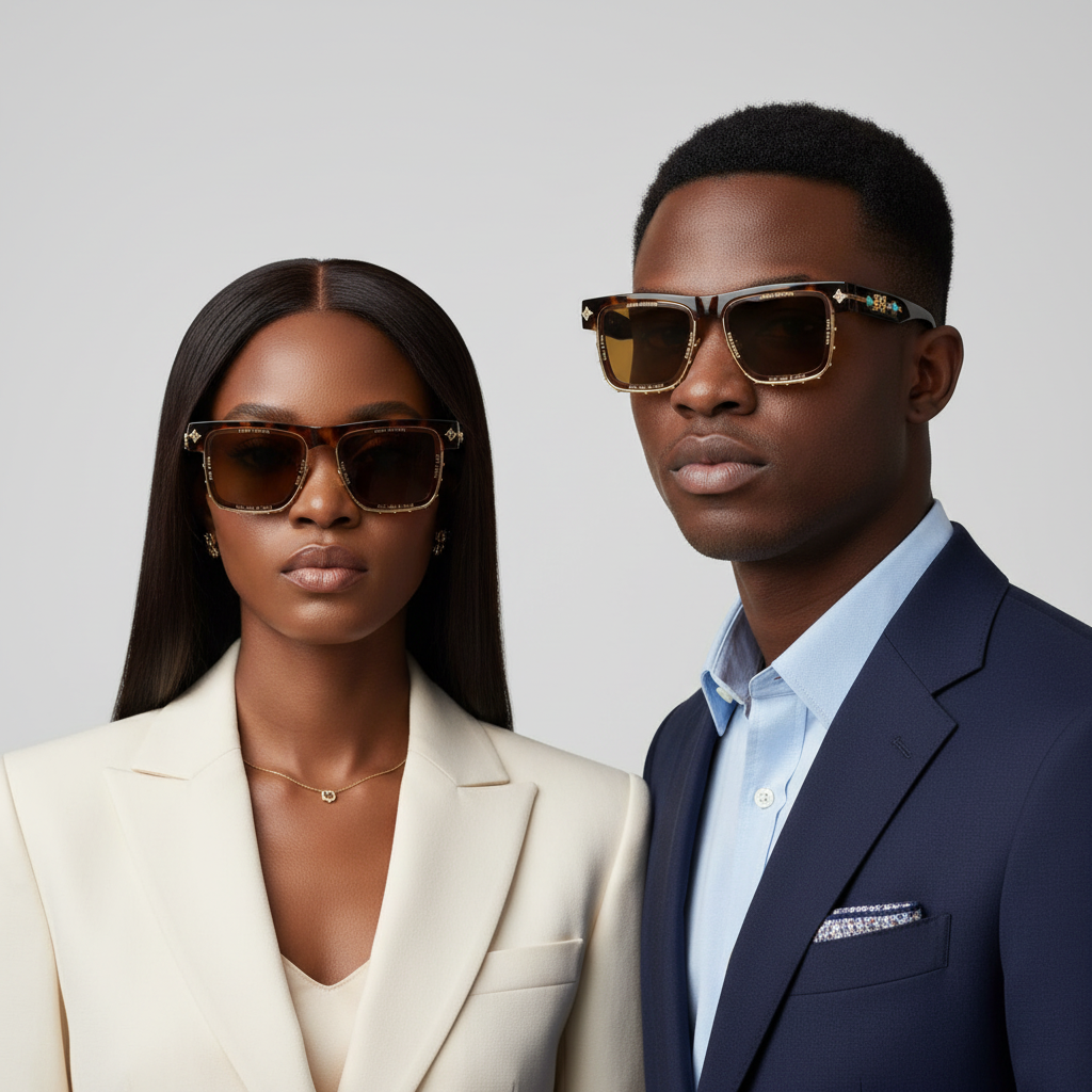 Nigerian female with sleek weavon and male model wearing oversized tortoiseshell square sunglasses with gold rim and brown lens – editorial medium shot professional grey background