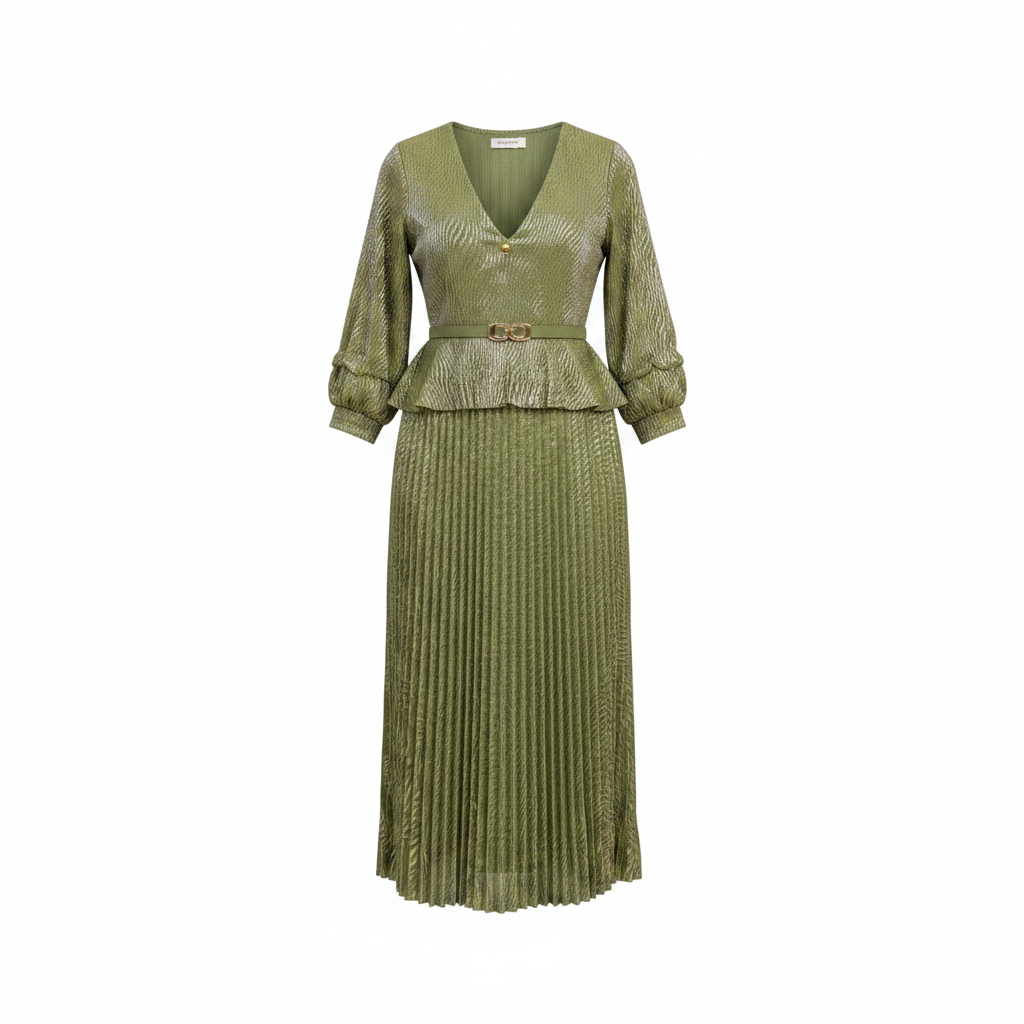 Ghost mannequin view of sage green and gold shimmer brocade peplum blouse and pleated midi skirt set