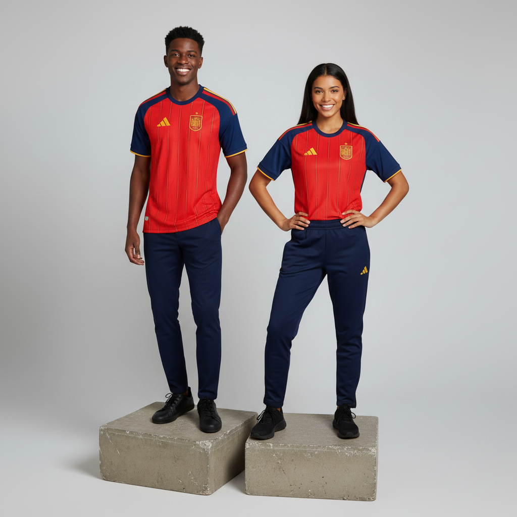 Nigerian male and female models wearing the Red Gold Pinstripe Football Jersey side by side