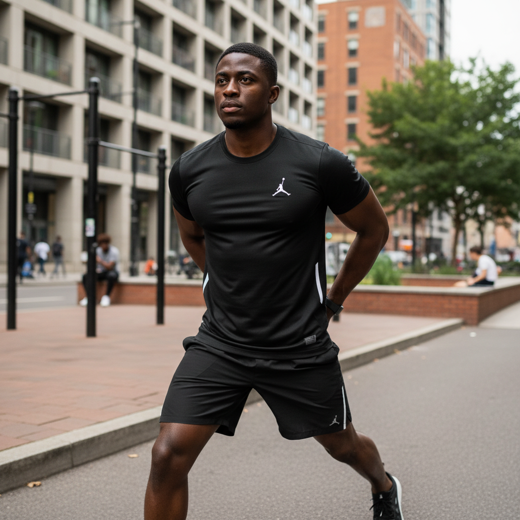 Black Nigerian male model wearing black premium sport jersey in urban street workout setting