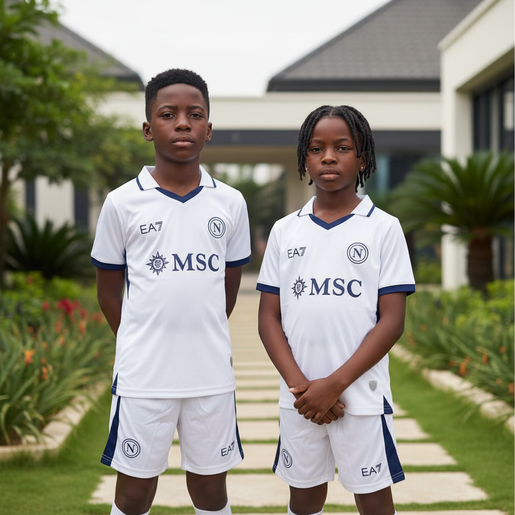 Nigerian boy and girl wearing white and navy trim kids football jersey set