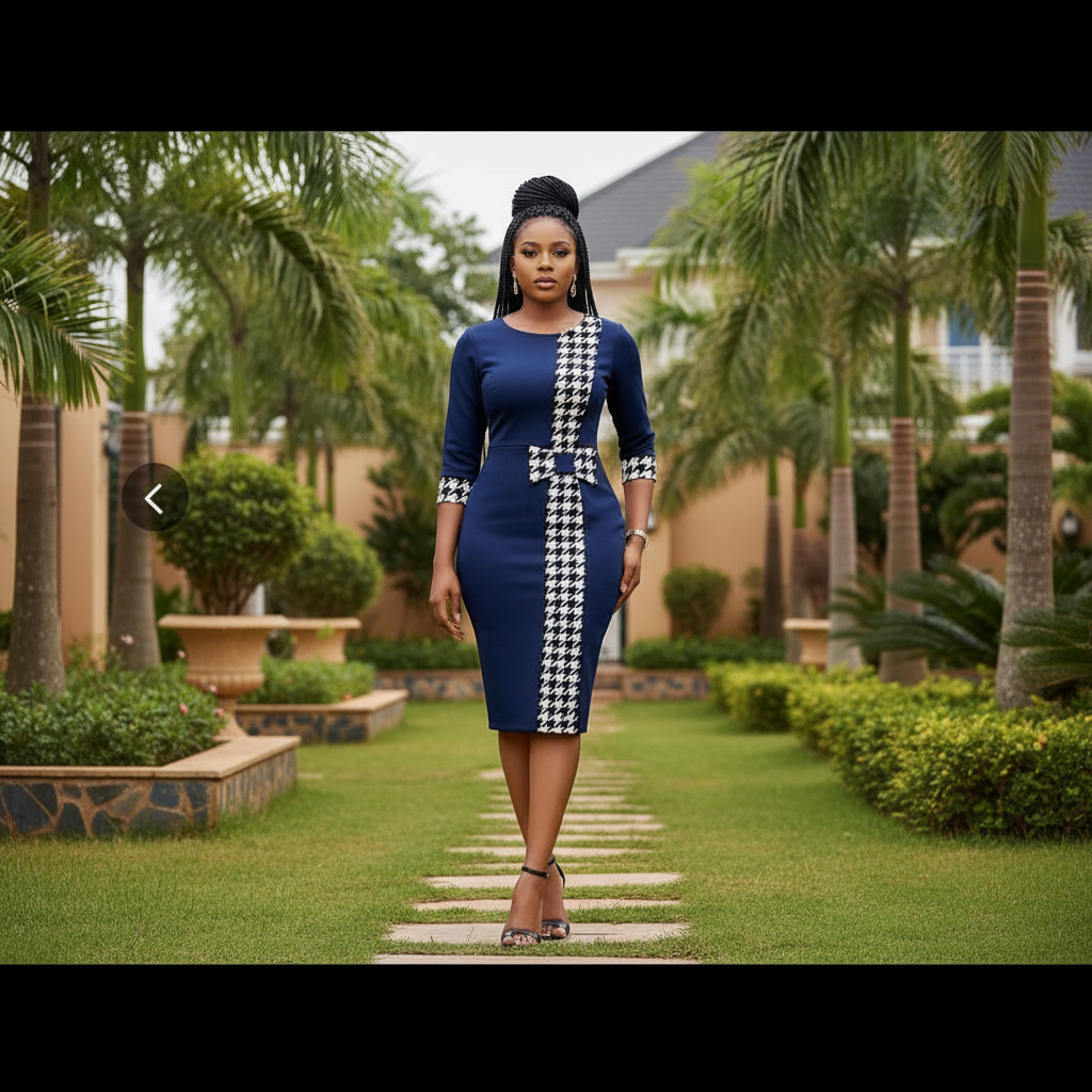 Nigerian female model wearing navy blue houndstooth bodycon midi dress
