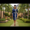 Nigerian female model wearing navy blue houndstooth bodycon midi dress