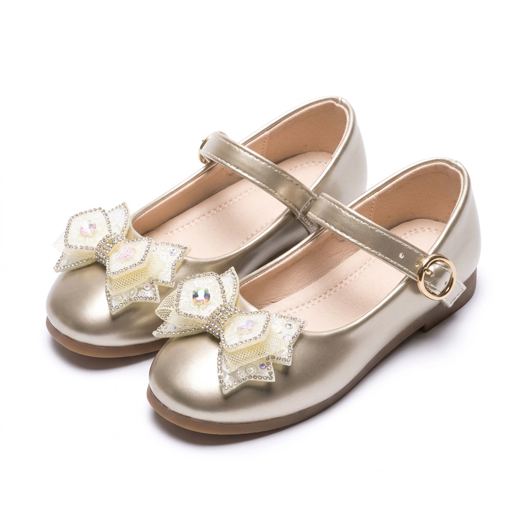 Matching champagne gold jeweled bow Mary Jane flats