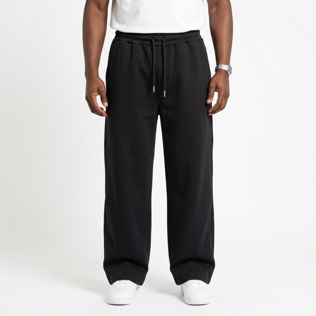 Male model wearing black wide-leg drawstring trousers with white sneakers on white