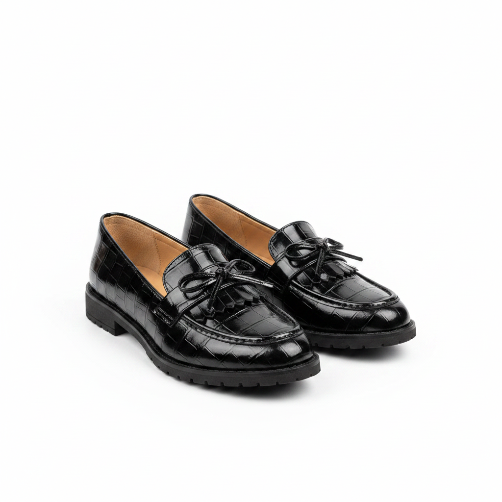 Layinka Store Black Croc Patent Tassel-Bow Loafers – Catalog Shot