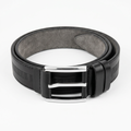 Black geometric embossed belt with polished silver-tone buckle on white background