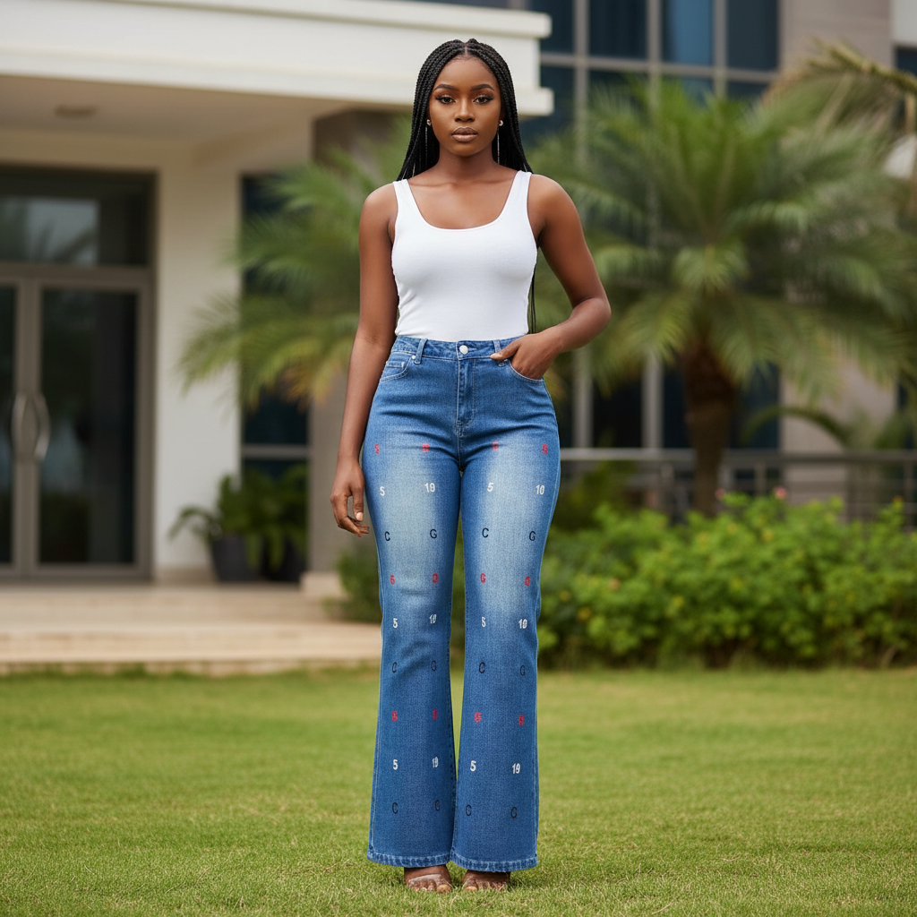 Letter Print Wide-Leg Flare Jeans - Front Model