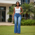 Letter Print Wide-Leg Flare Jeans - Front Model