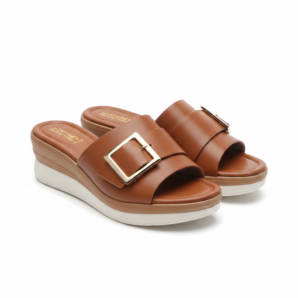 Tan leather gold buckle platform heel mule pair ghost mannequin product shot showing thick white platform sole, plain white background