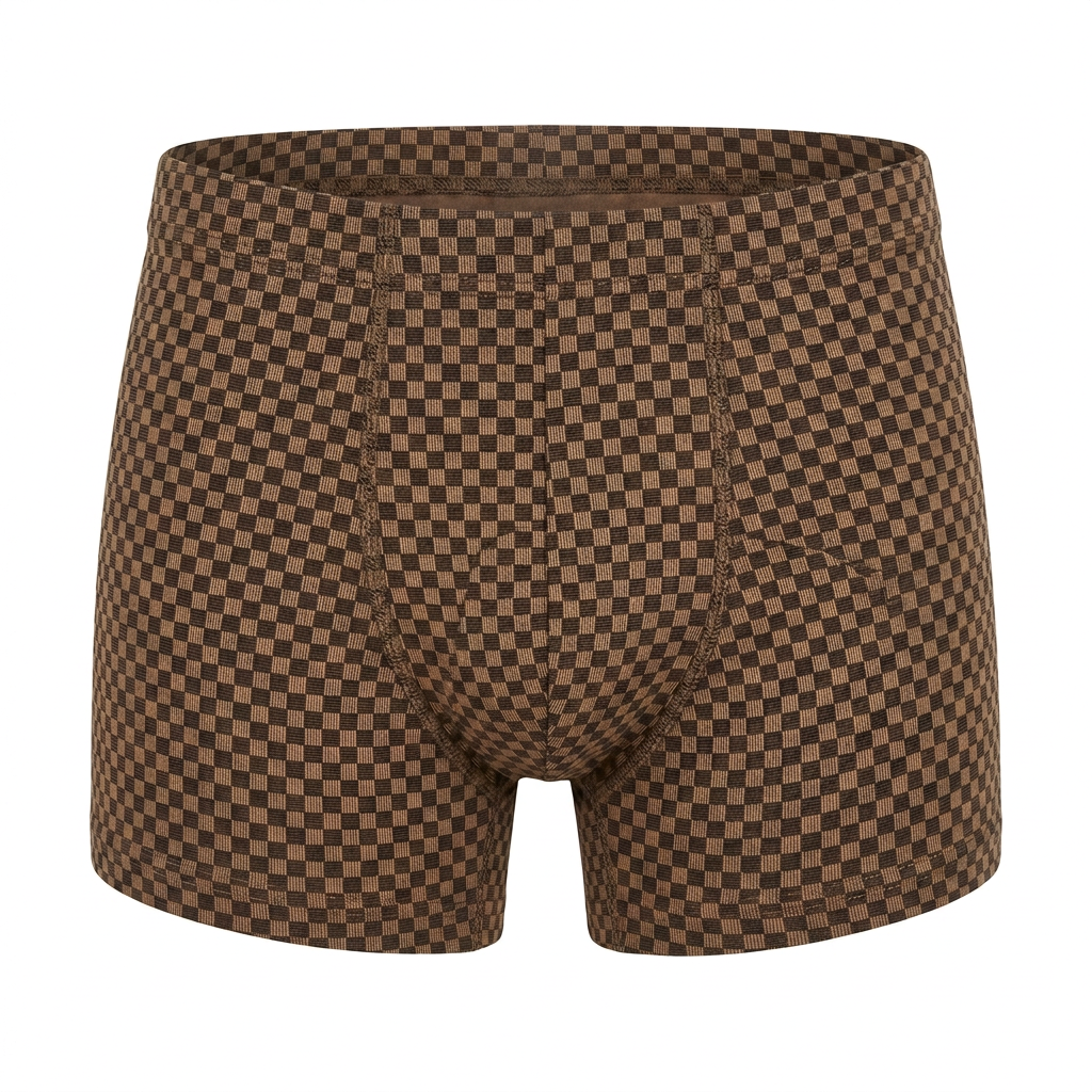 AI-generated brown check boxer briefs with no added label
