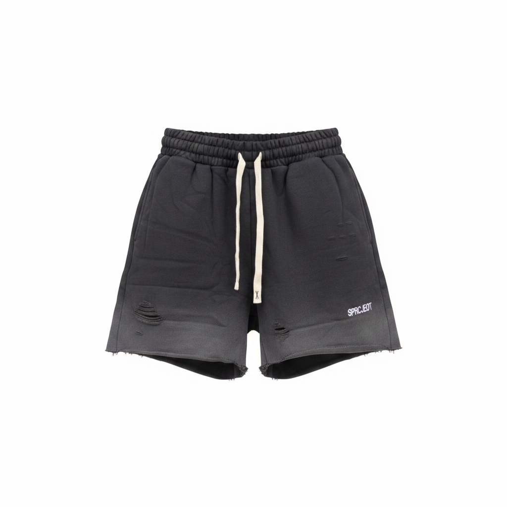 Men's washed black distressed graphic sweat shorts — ghost mannequin front view