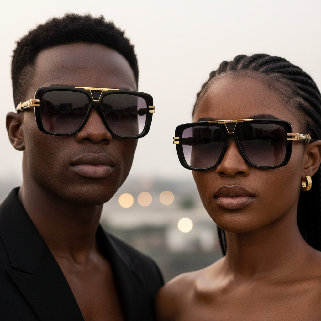 Nigerian male and female models wearing oversized square flat-top sunglasses black frame gradient grey purple lens gold bar bridge hardware