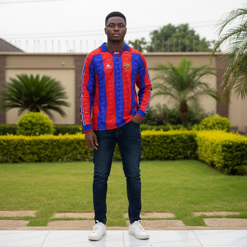 Blue and red striped all-over print long-sleeve retro football jersey — Nigerian male model front view