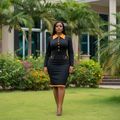 Nigerian female model wearing women's black and orange contrast collar button-front bodycon midi dress