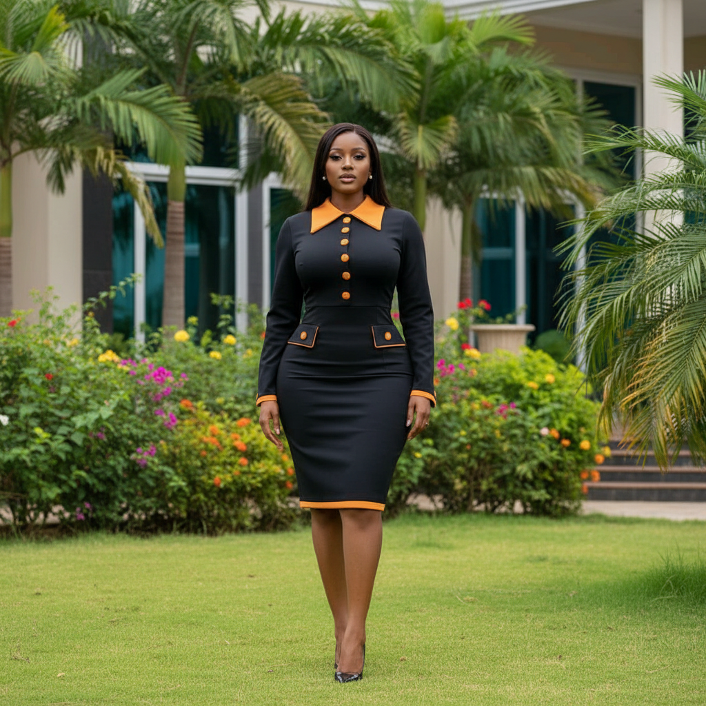 Nigerian female model wearing women's black and orange contrast collar button-front bodycon midi dress