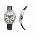 Women's silver full diamond bezel crystal heart dial tonneau watch — ghost mannequin front and side view, black leather strap