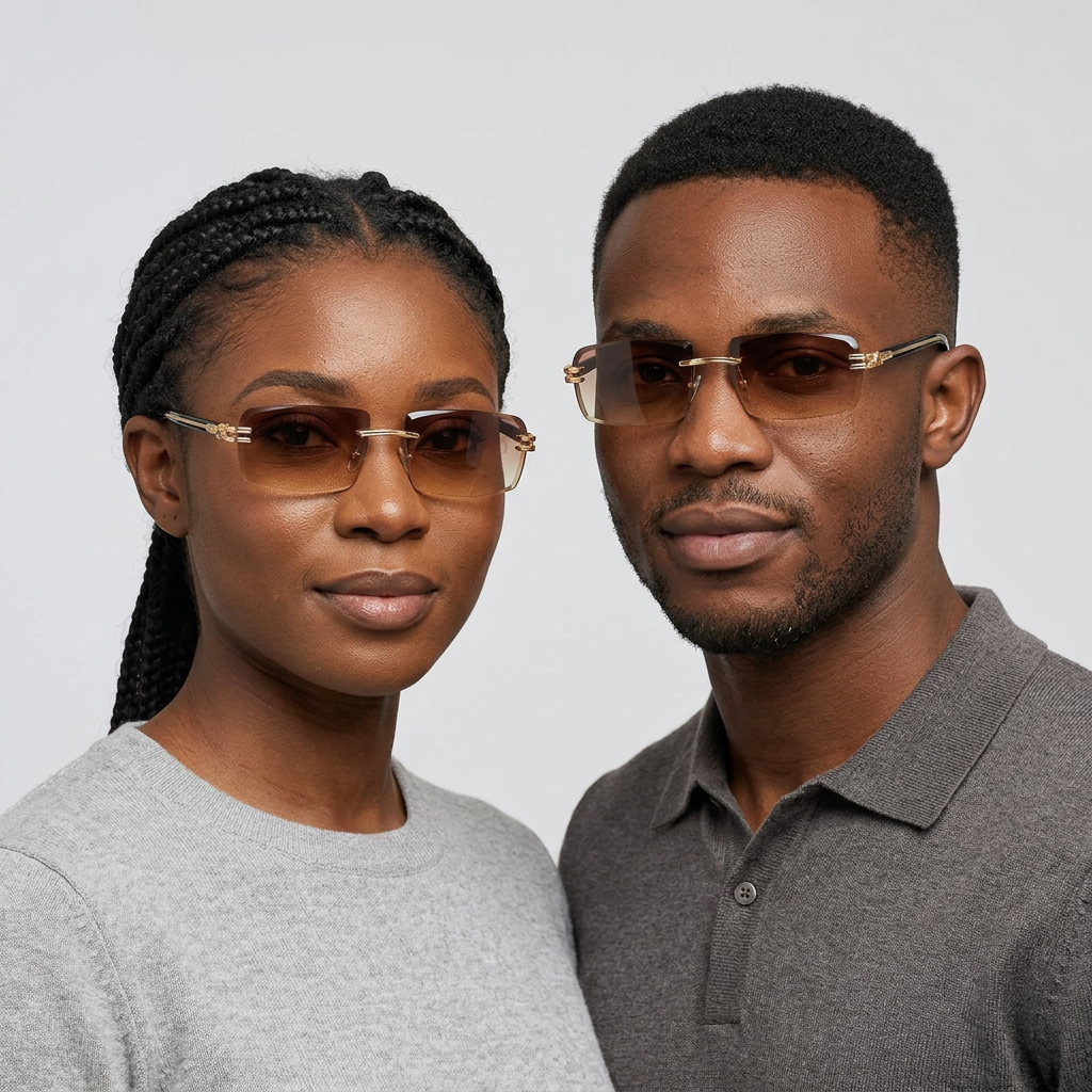 Dark brown gradient rimless glasses on two Black adult models