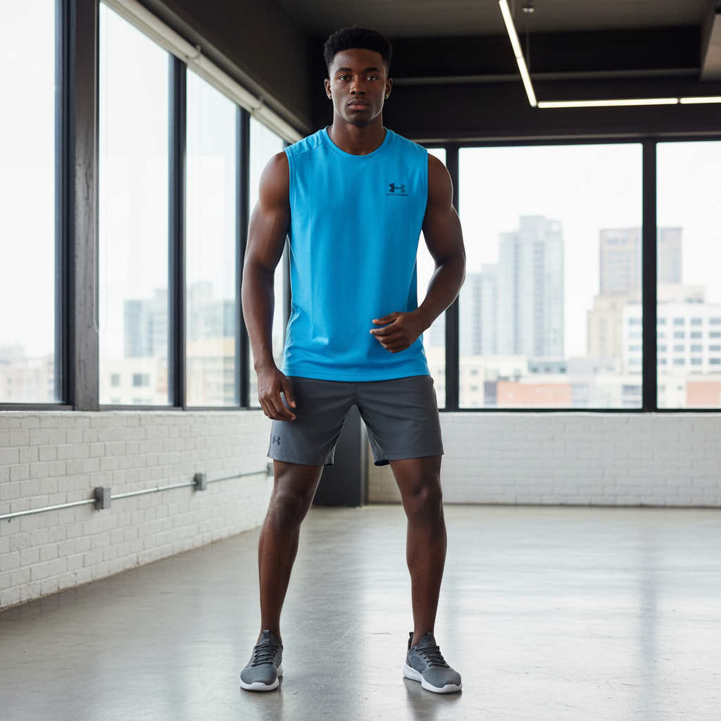 Under Armour sky blue sleeveless sport vest on male model