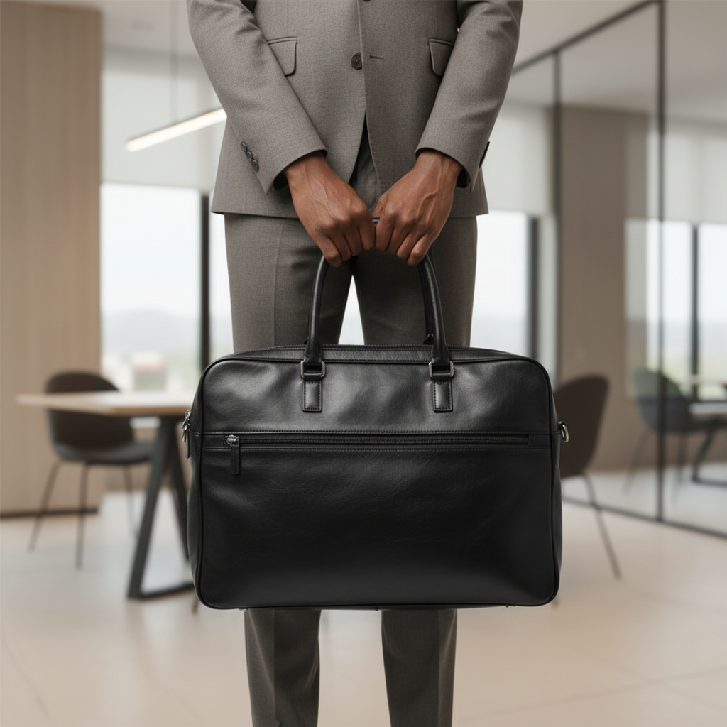 Sobar plain black leather laptop tote carried by Black Nigerian professional in office