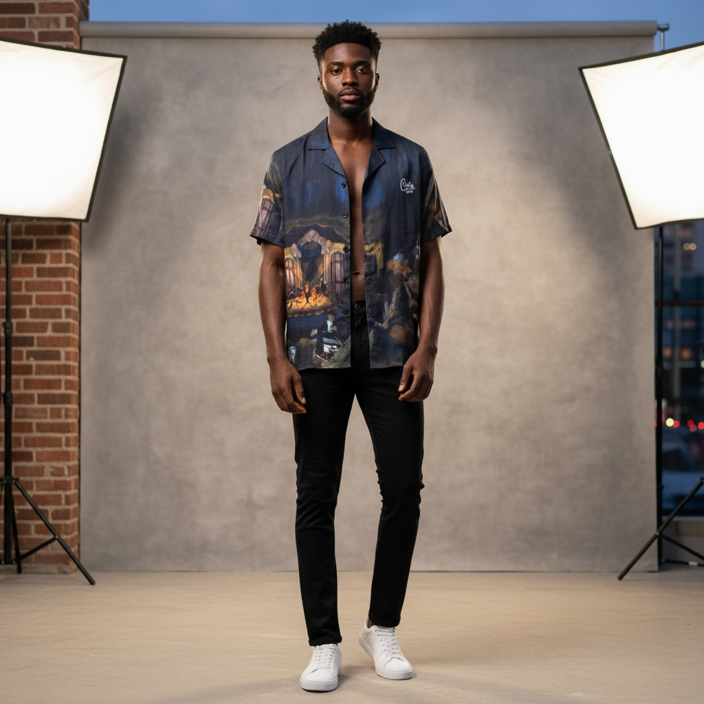 Comfort Luxury Smoke Dragon Print Cuban Collar Shirt - Model Shot