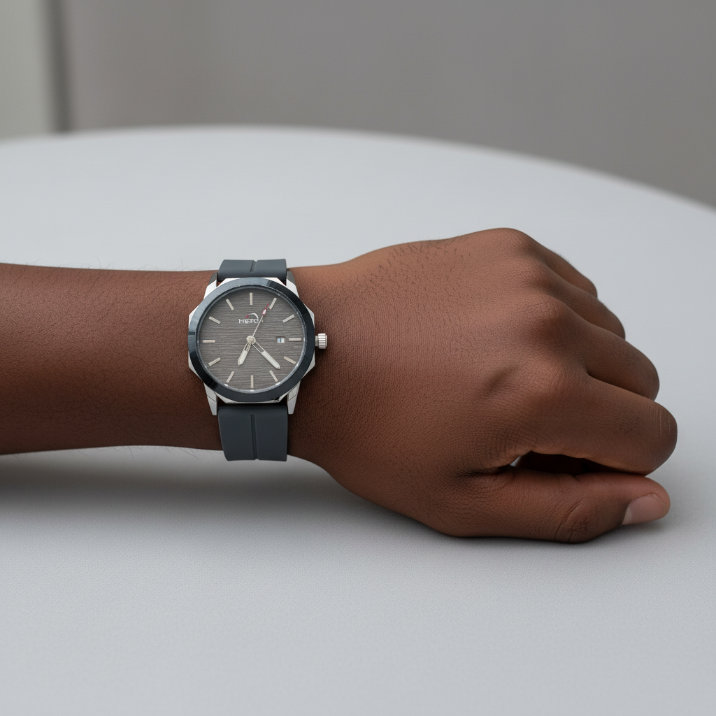 Charcoal grey faceted round watch worn on a wrist