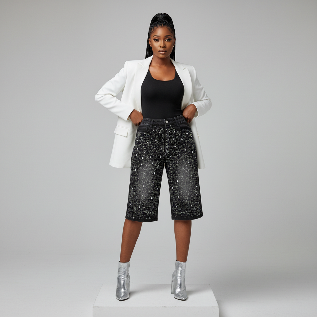 Black Rhinestone Denim Shorts - Model Front