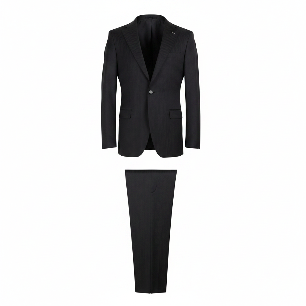 Men's charcoal pinstripe 2-piece single-breasted formal suit on ghost mannequin, white background
