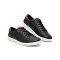 Men's black leather low-top court sneaker with brown trim - ghost mannequin pair view