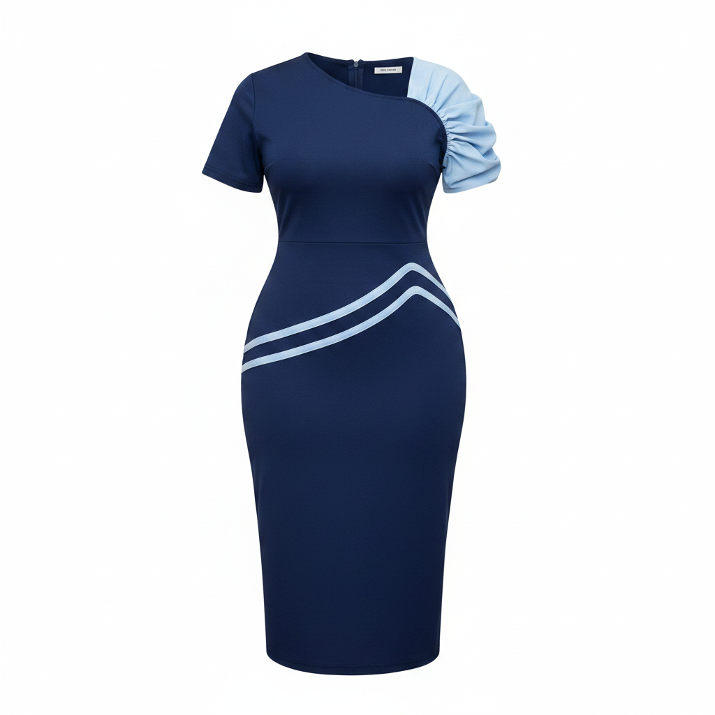 Women's Navy & Light Blue Puff-Shoulder Contrast-Trim Midi Dress – Ghost Mannequin Front View